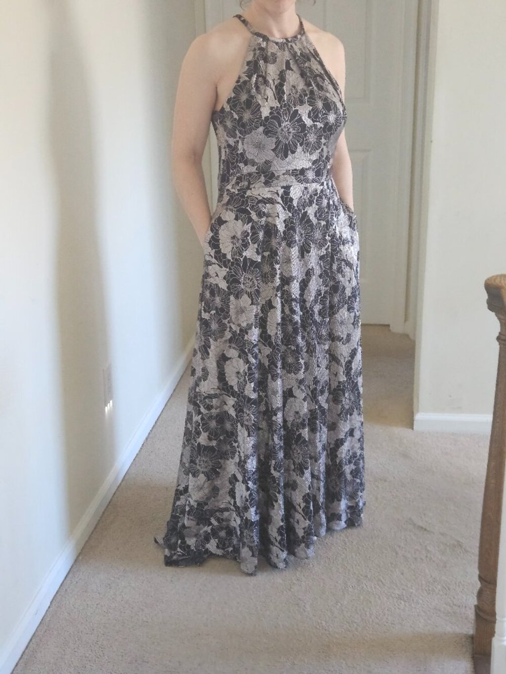 BETSY AND ADAM GOWN, METALLIC FLORAL HALTER 14P (PROM, FORMAL, WEDDING) NWT
